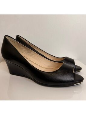 Cole Haan Grand Ambition Black Leather Open Toe Wedge Shoe Women’s Size 9.5